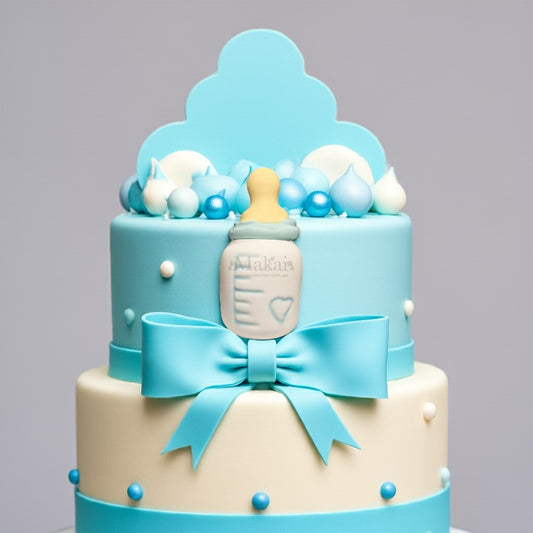 Blue and white baby shower cake decorated with fondant baby bottle topper, satin-style bow, and pastel blue sugar pearls.
