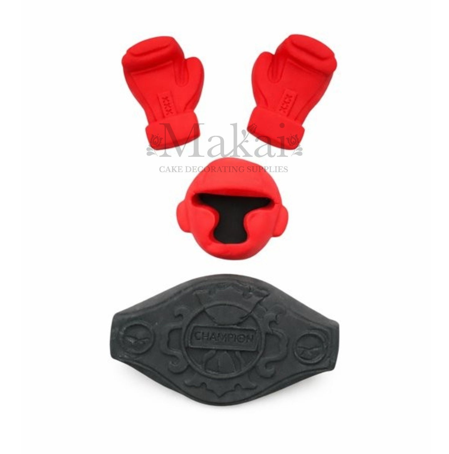 Cake Decoration Red boxing gloves and headgear with a black 'Champion' logo on a white background