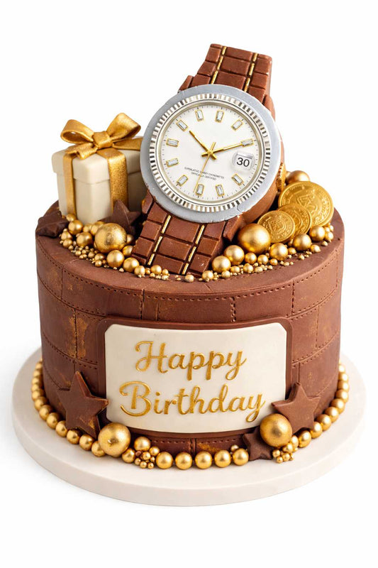 Brown gentleman style birthday cake with luxury watch cake topper, elegant fondant cake design