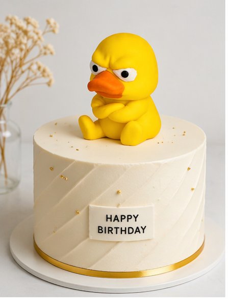 White birthday cake with a yellow fondant duck topper and 'Happy Birthday' sign.