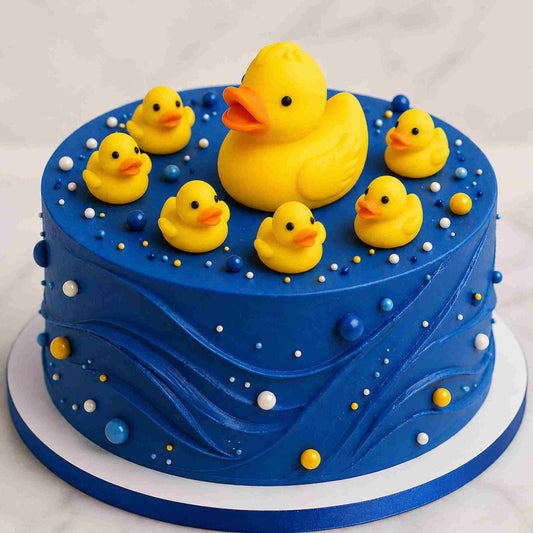 Blue cake with yellow fondant duck decorations on a white background for birthday baby shower or any occasion.