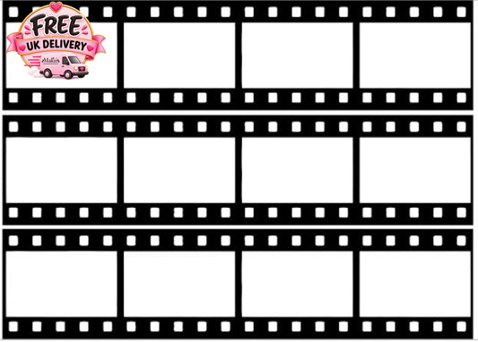Blank edible film strip template with three horizontal strips, each containing four frames, used for personalised photo cake printing.