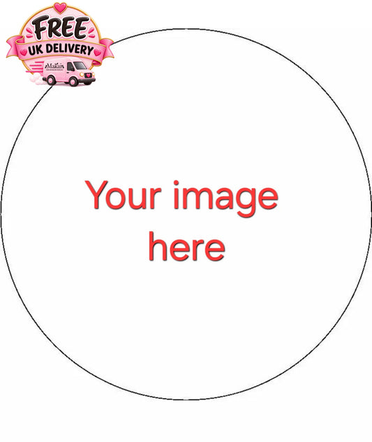 Circle edible print template with 'Your Image Here' text, indicating customizable wafer or icing sheet for cakes and desserts.