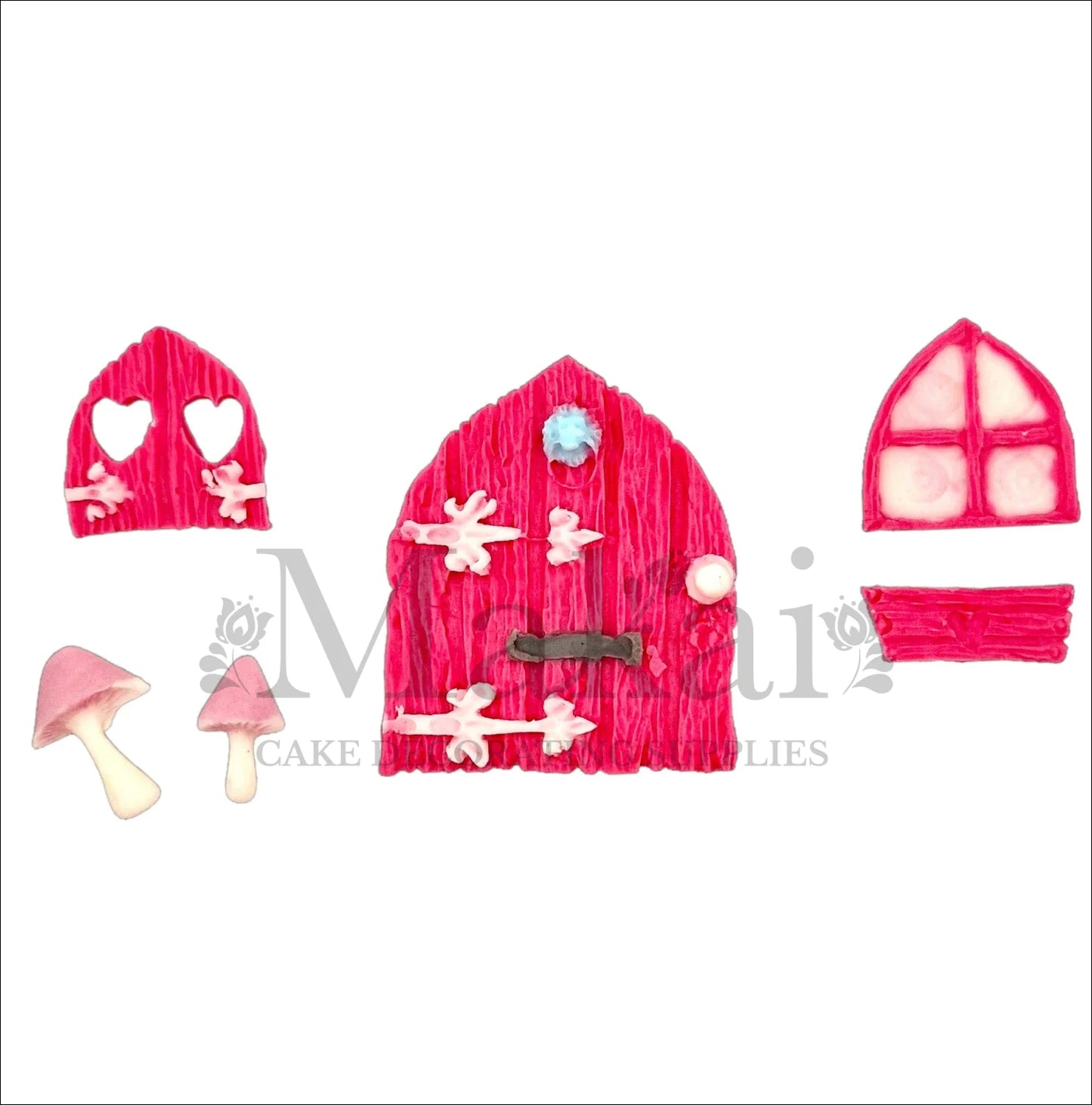 Edible pink fairy door cake topper set with heart windows, pink mushrooms, and magical detailing – perfect for fairy tale or woodland-themed cakes.