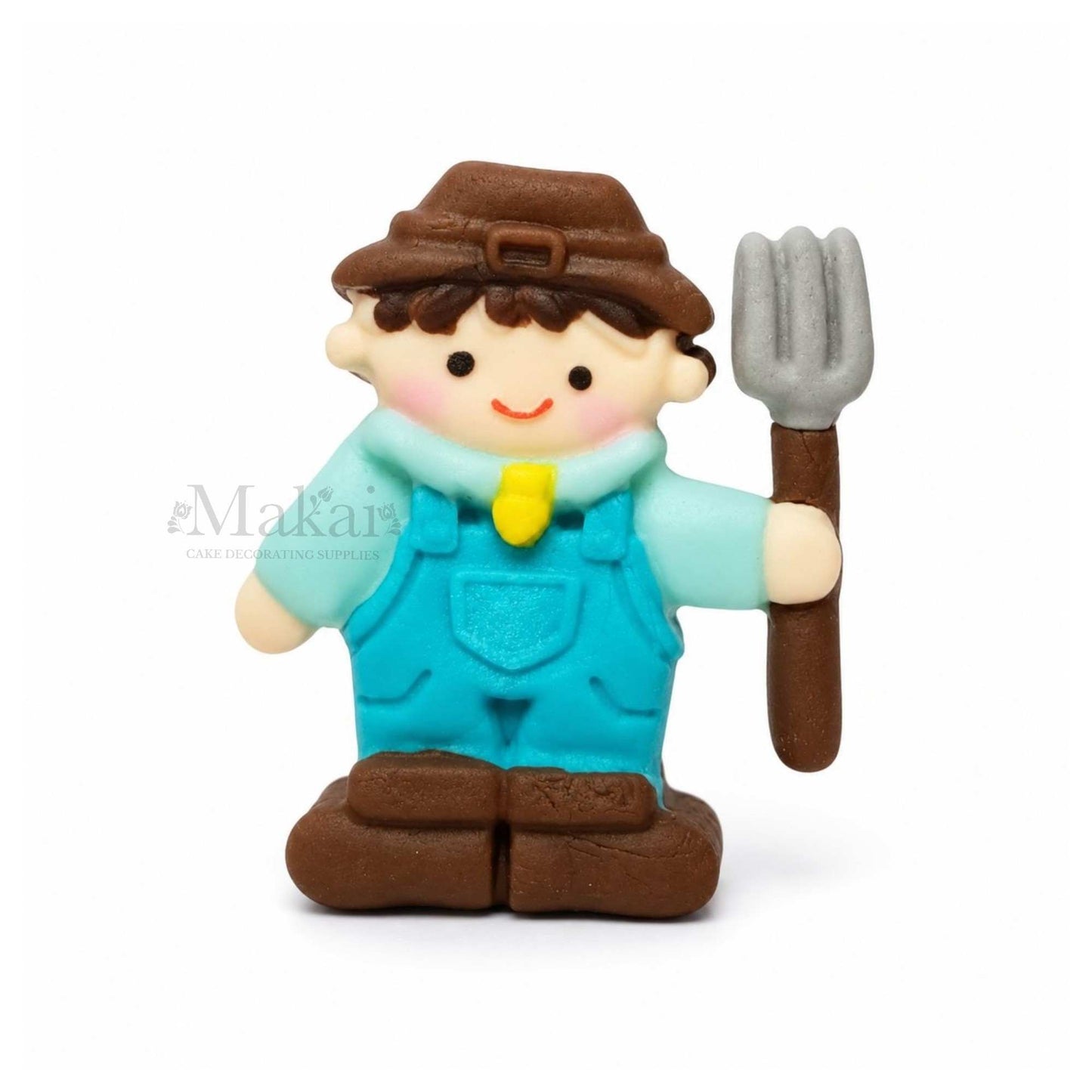 Fondant farmer holding a pitchfork for farm themed birthday cake decorations