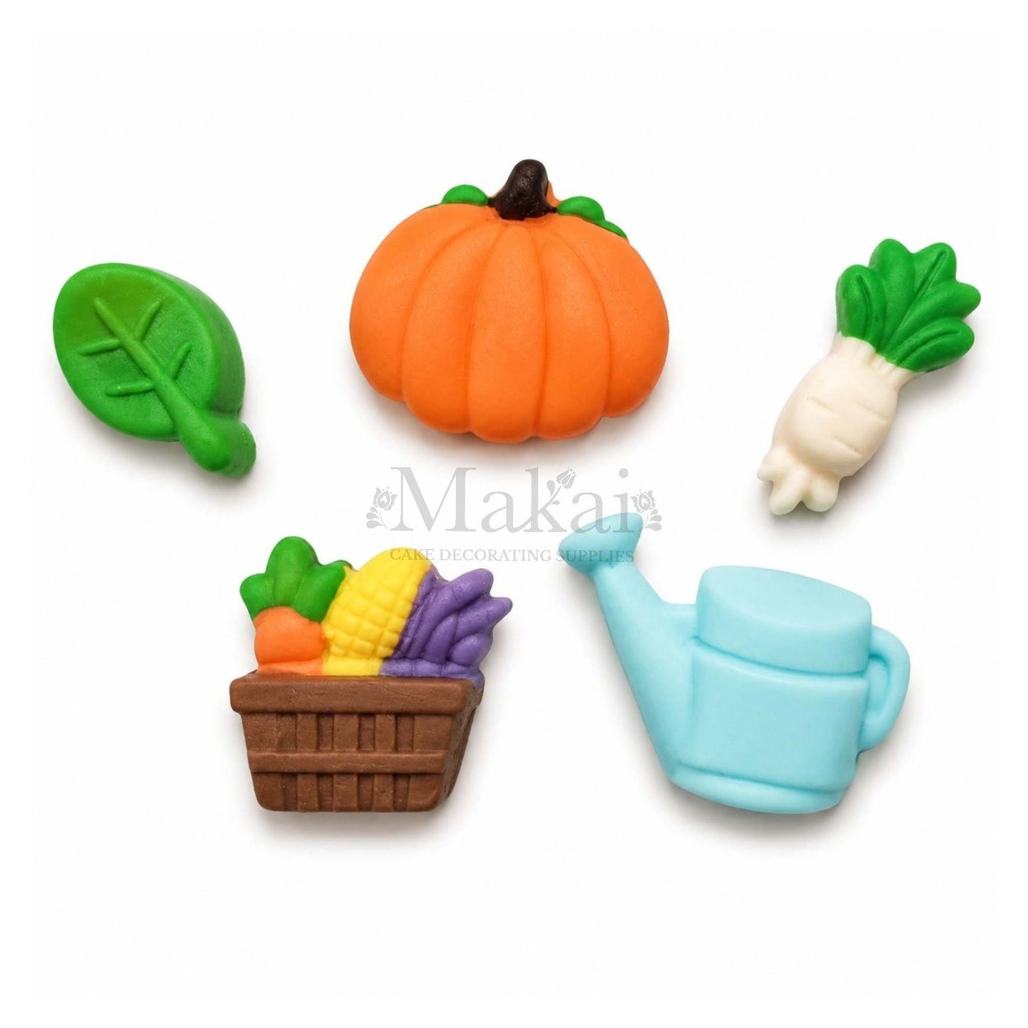 Farm harvest fondant cake decorations with pumpkin leaf vegetables basket and watering can for autumn themed cakes