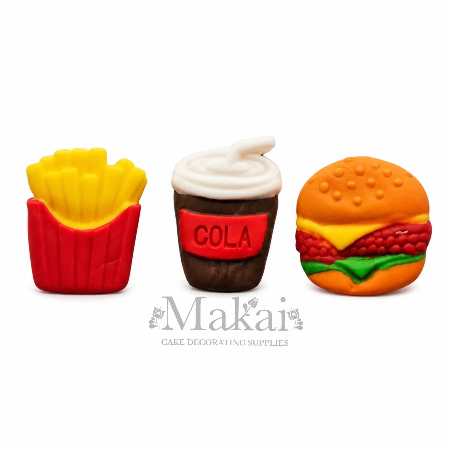 Handmade fondant fast food cake decoration set featuring fries, cola and cheeseburger