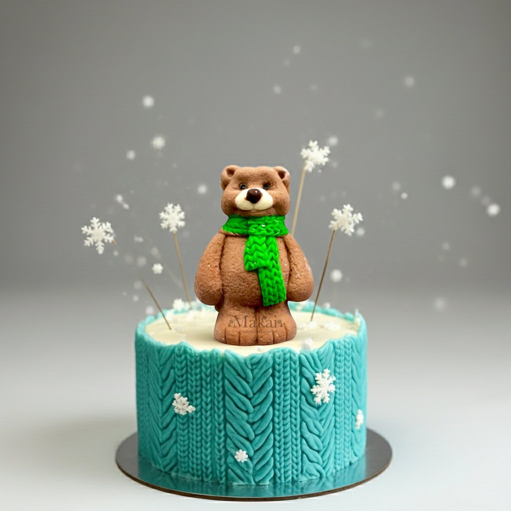 Winter cake with a fondant bear in a green scarf, surrounded by delicate snowflakes and a knitted-style blue icing design.