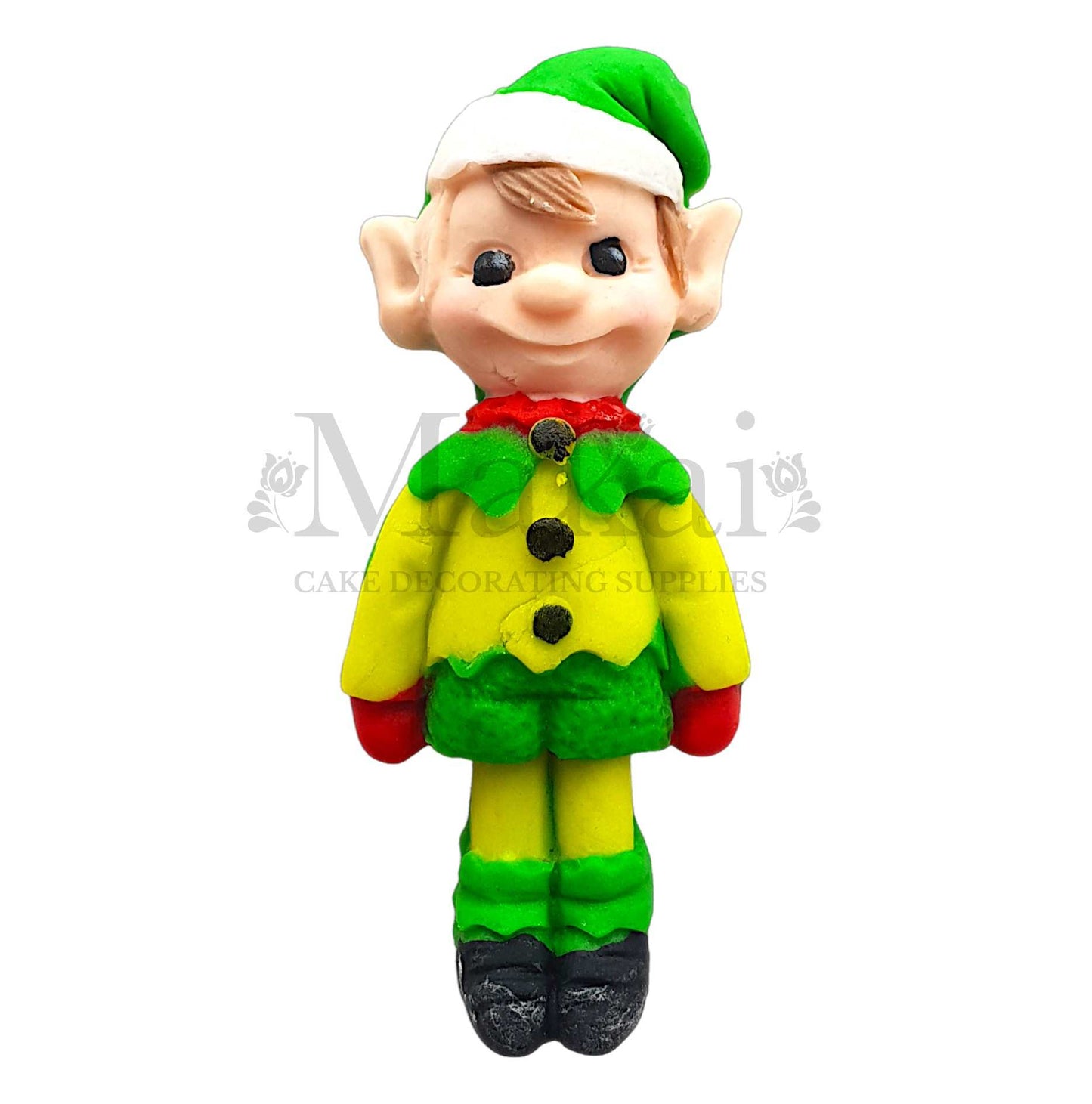Handmade fondant Christmas elf cake topper in green, yellow, and red outfit with festive hat.