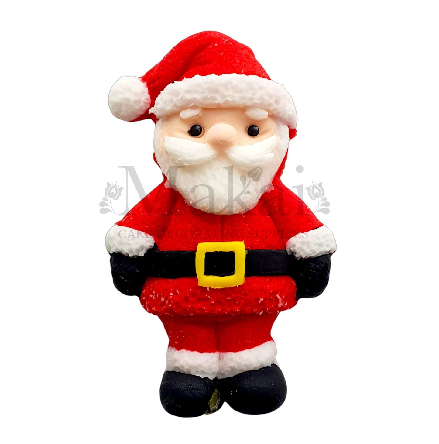 Handmade fondant Santa Claus cake topper with red suit, white beard, and festive details.