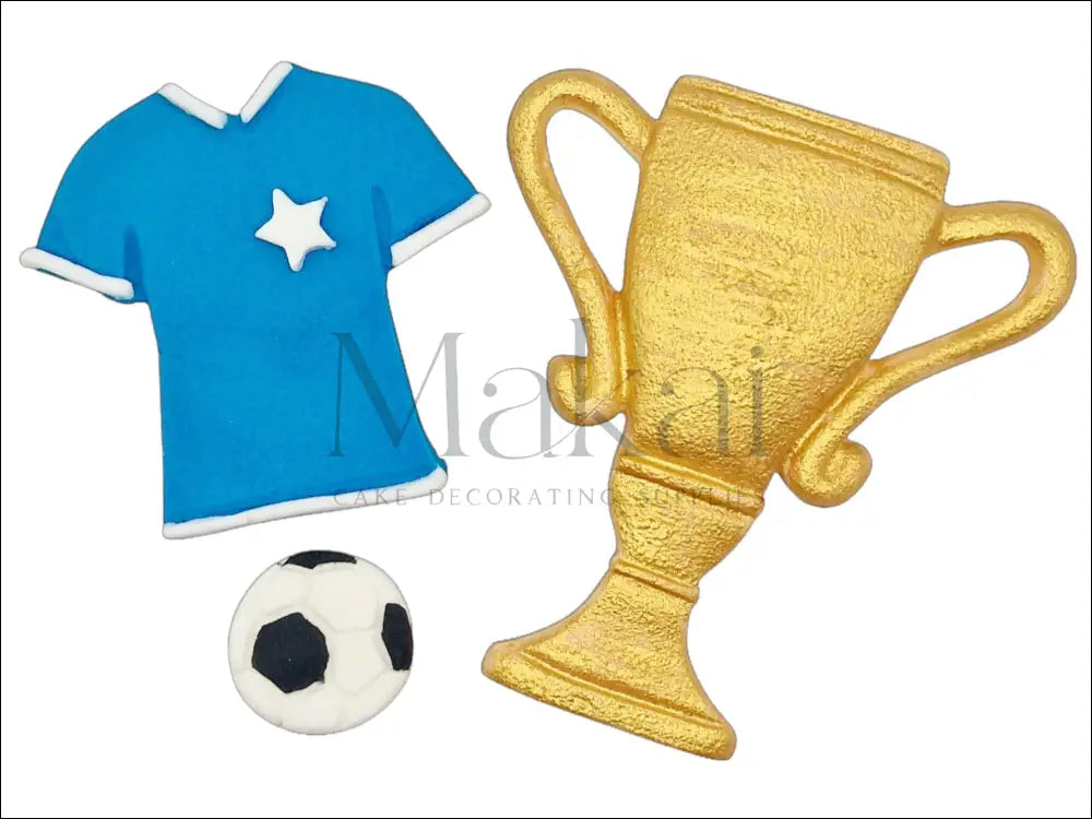 Fondant football jersey cake topper with a golden trophy and small football, perfect for sports-themed cakes.