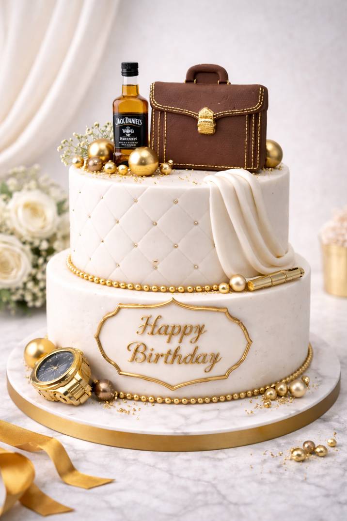 Gentleman themed cake with fondant briefcase cake topper in elegant masculine style