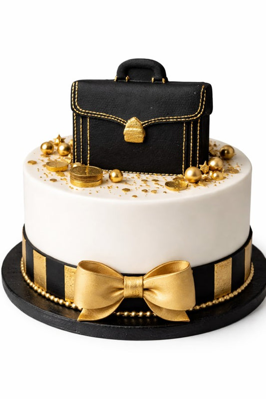 Luxury black and gold gentleman cake with briefcase cake topper for birthday celebration