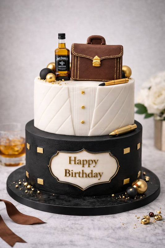 Gentleman briefcase cake topper on masculine two-tier cake with gold details