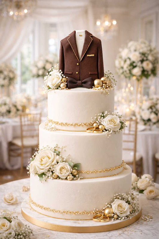 Elegant three tier wedding cake decorated with a gentleman suit cake topper in a classic formal style