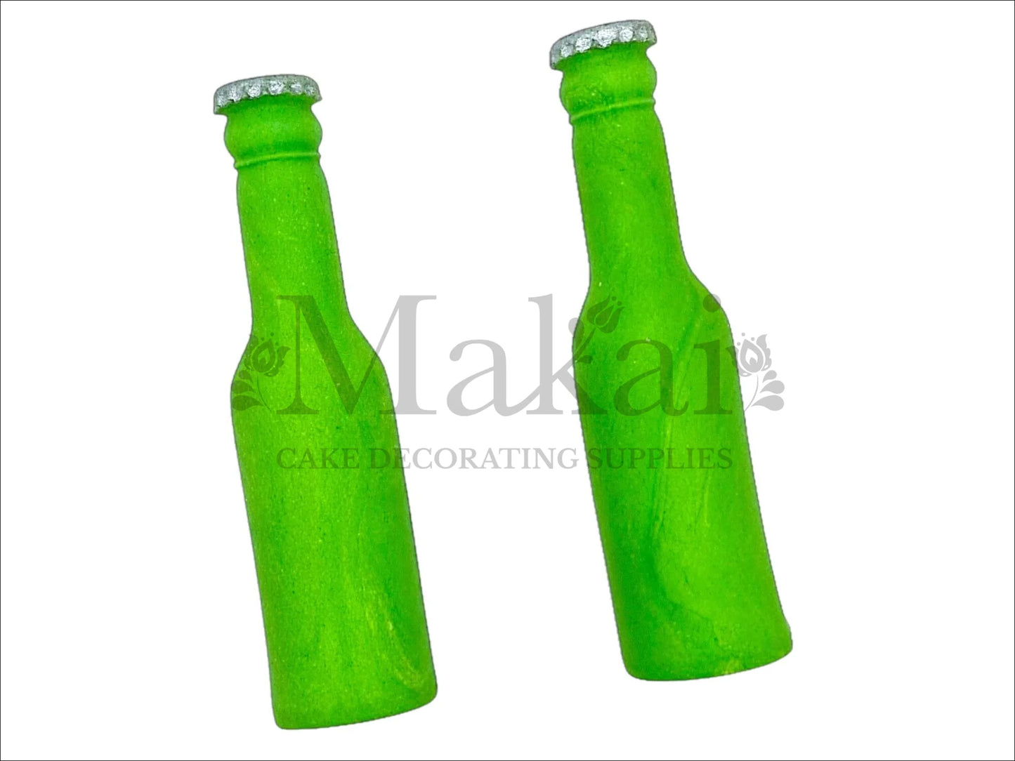 Two edible green beer bottle cake toppers for St Patrick’s Day, BBQ or beer‑themed cakes.
