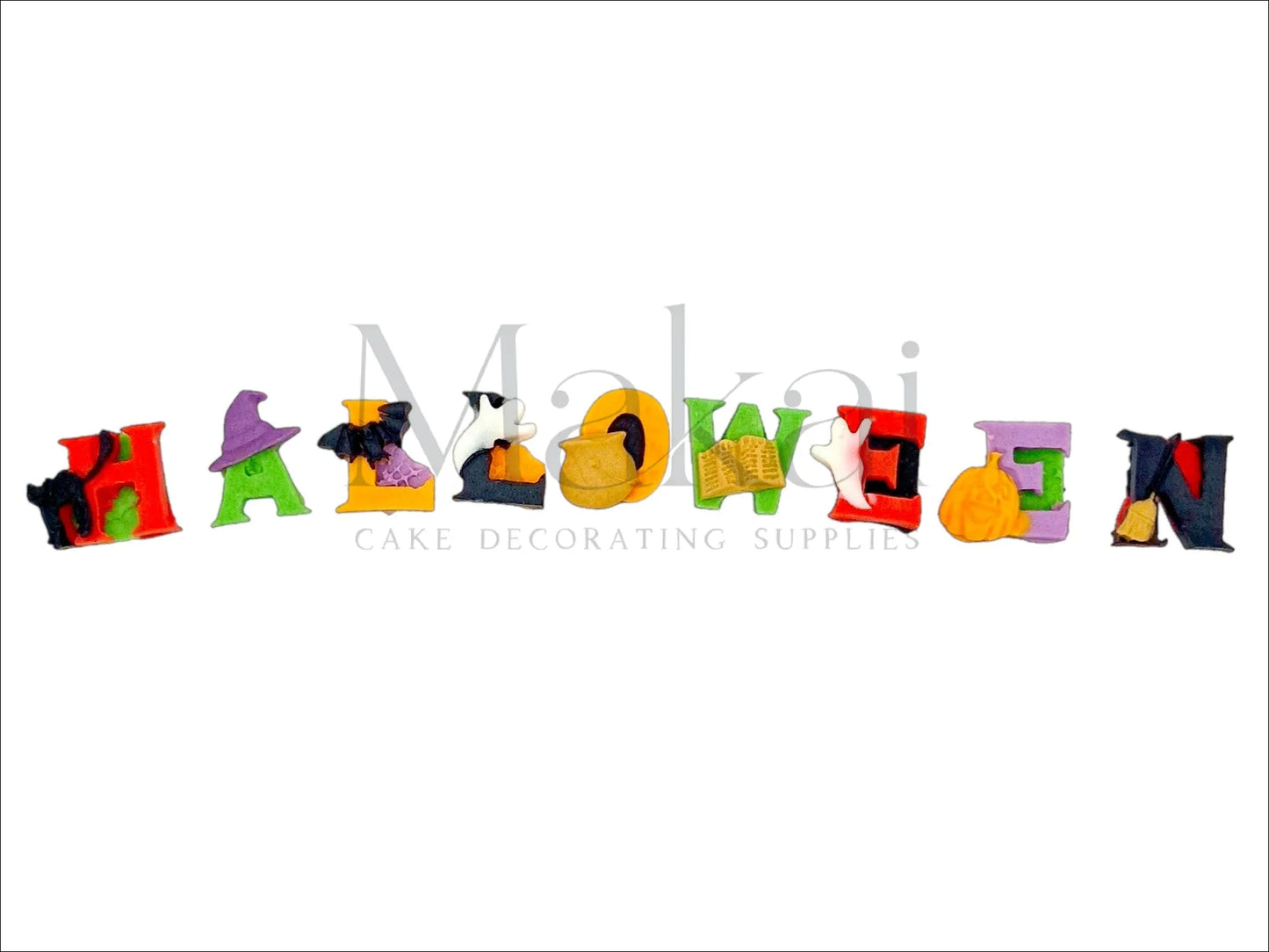 Edible Halloween letter cake topper with spooky decorations – ghost, bat, pumpkin, witch hat, and more