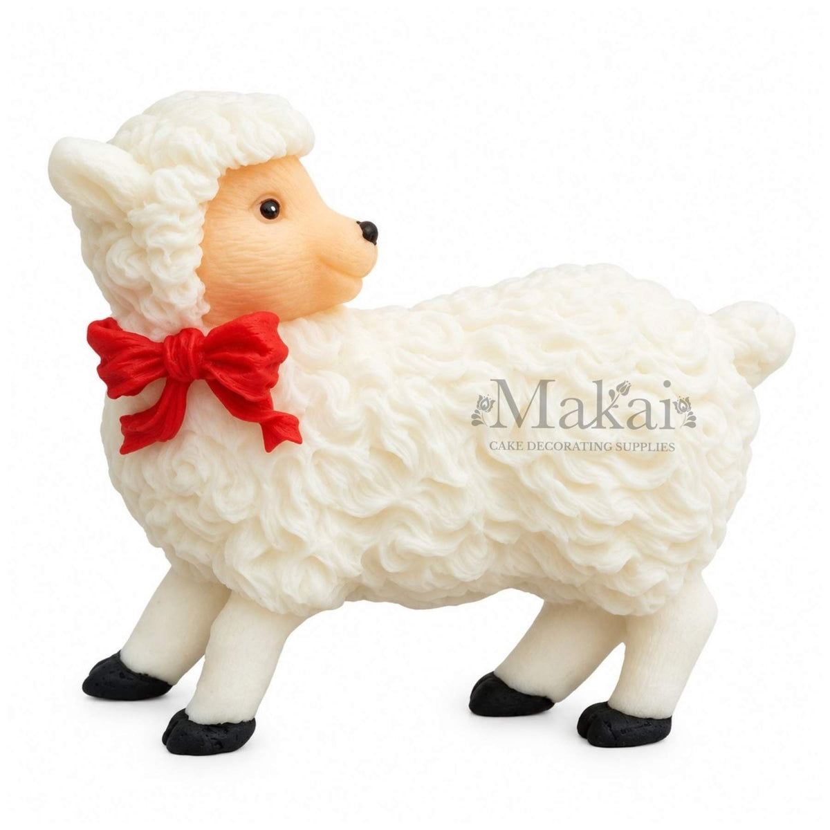 White textured fondant sheep with red bow flat-back farm cake decoration