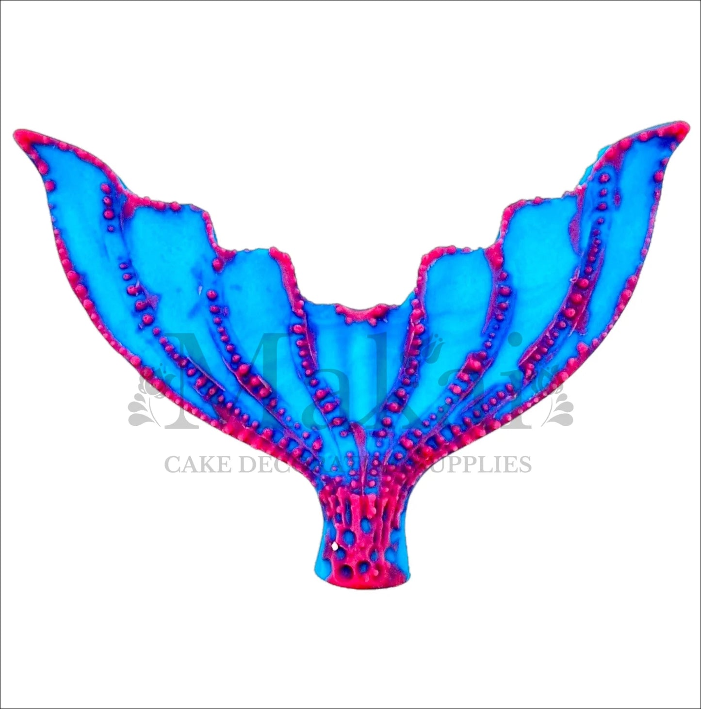 Edible mermaid tail cake topper in bright blue with bold pink accents, perfect for ocean-themed or fantasy cakes.