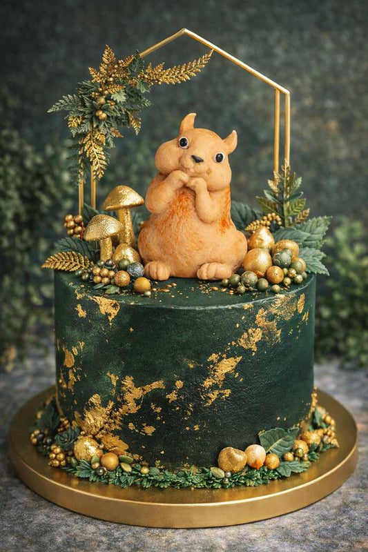 Decorative cake with a squirrel edible fondant figurine, mushrooms, and foliage on a dark green background.