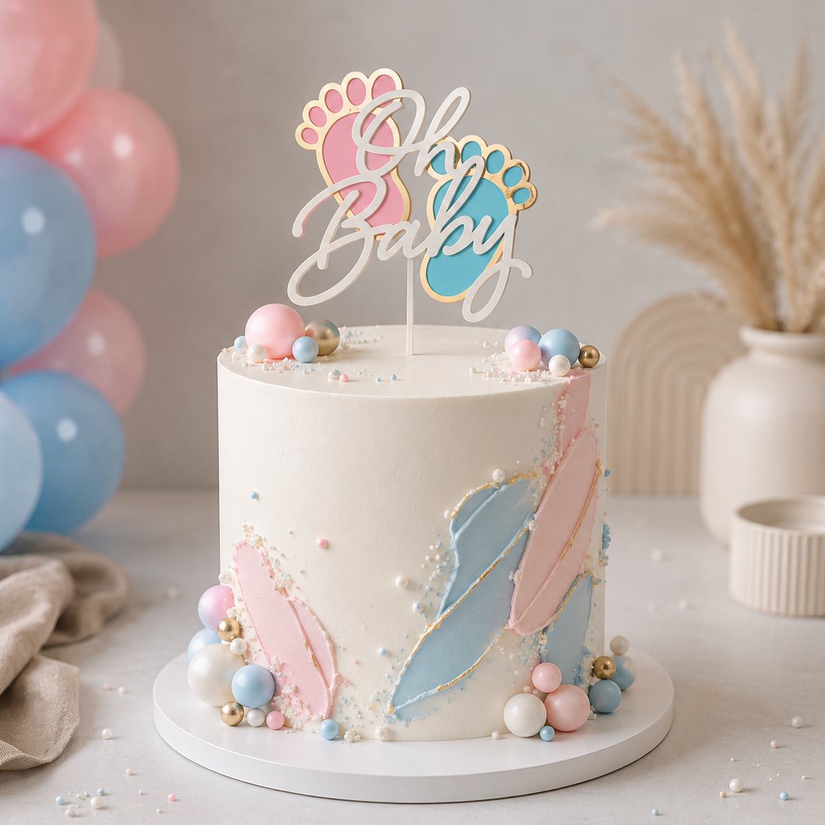 Baby shower cake with decorative elements and 'Oh Baby' topper