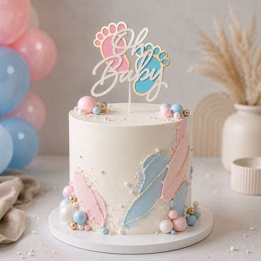 Baby shower cake with decorative elements and 'Oh Baby' topper