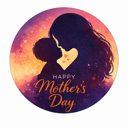 Mother's Day edible cake topper with silhouette of a woman and child kissing, colourful background