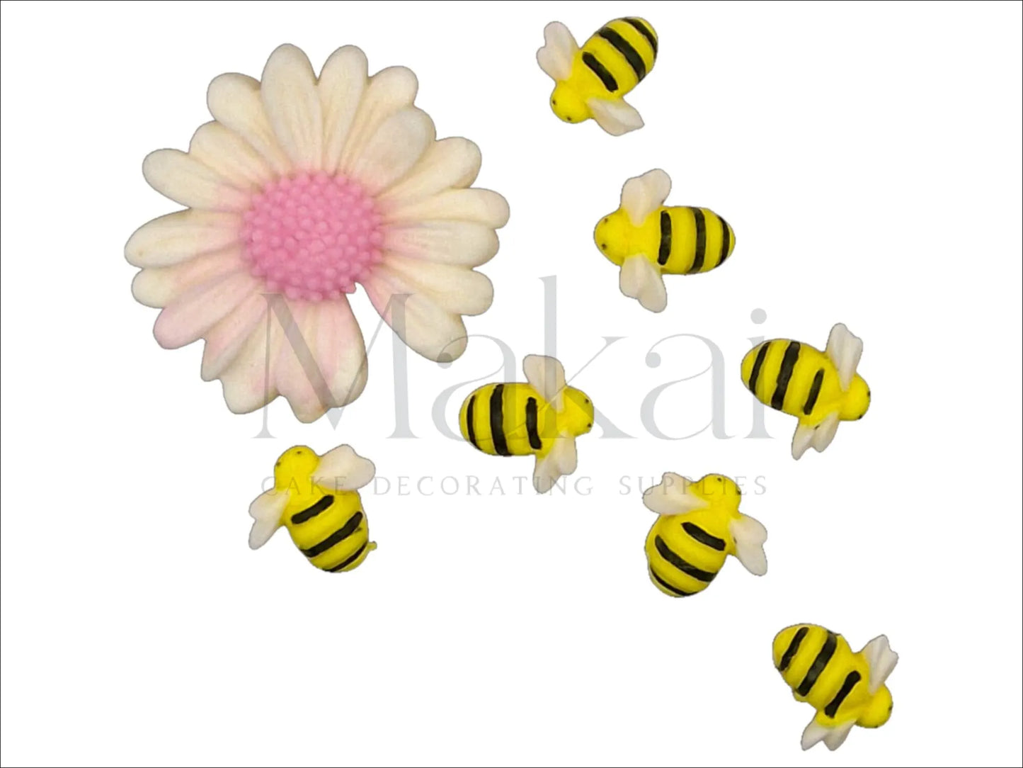 White flower with pink centre and 7 bees – edible cake topper for garden or spring theme