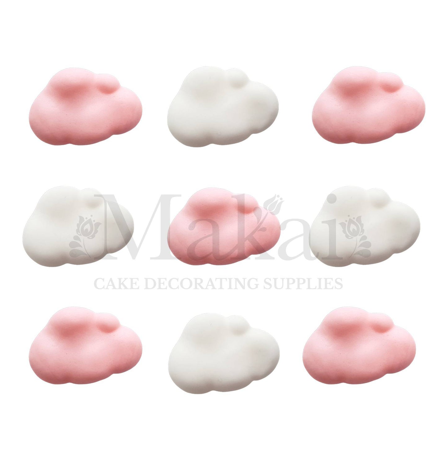 Pink and white cloud cake toppers arranged on a clean white background, handmade decorations from Makai Cake Decorating Supplies