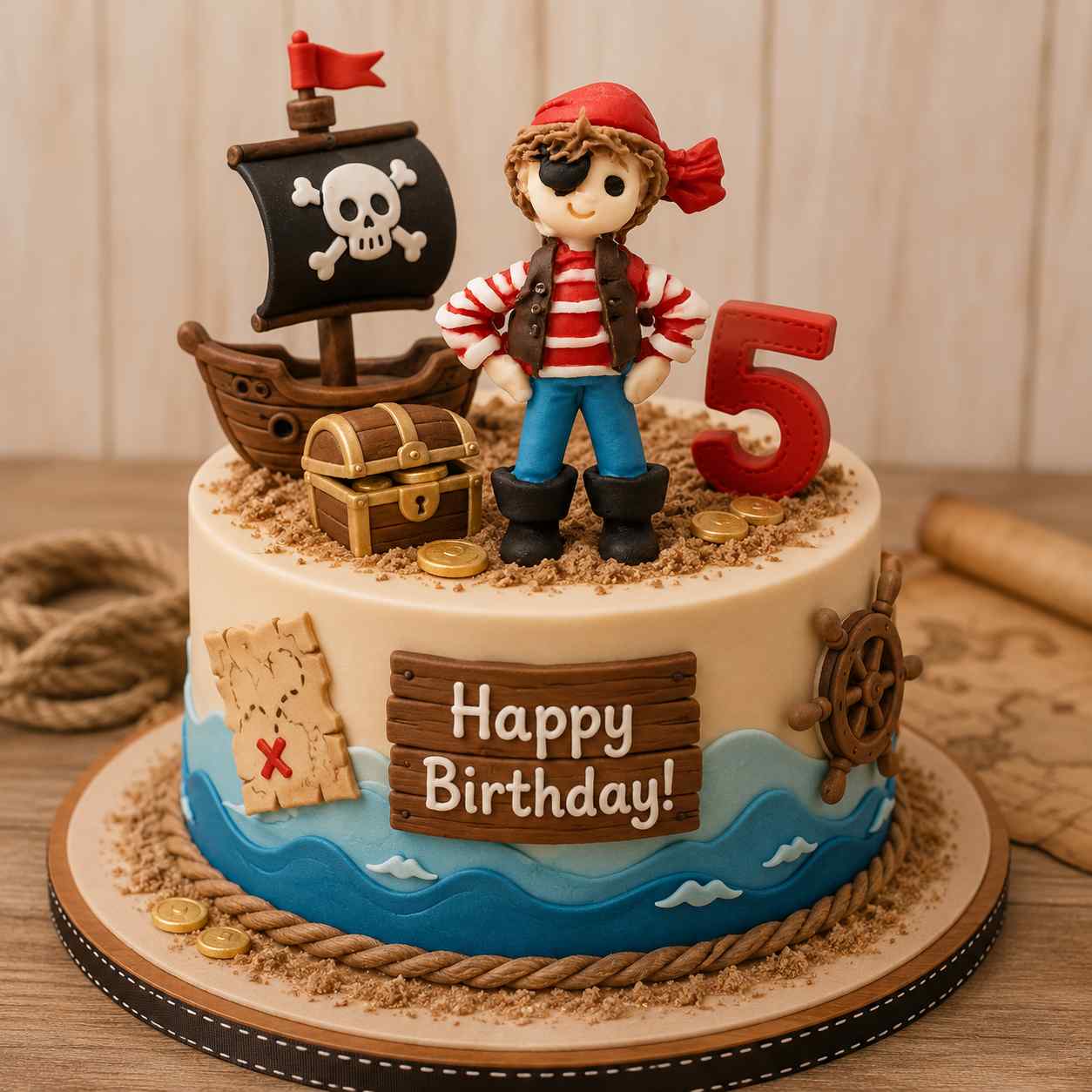 Fondant pirate cake topper set designed for children's birthday cakes with classic treasure island and pirate adventure details.
