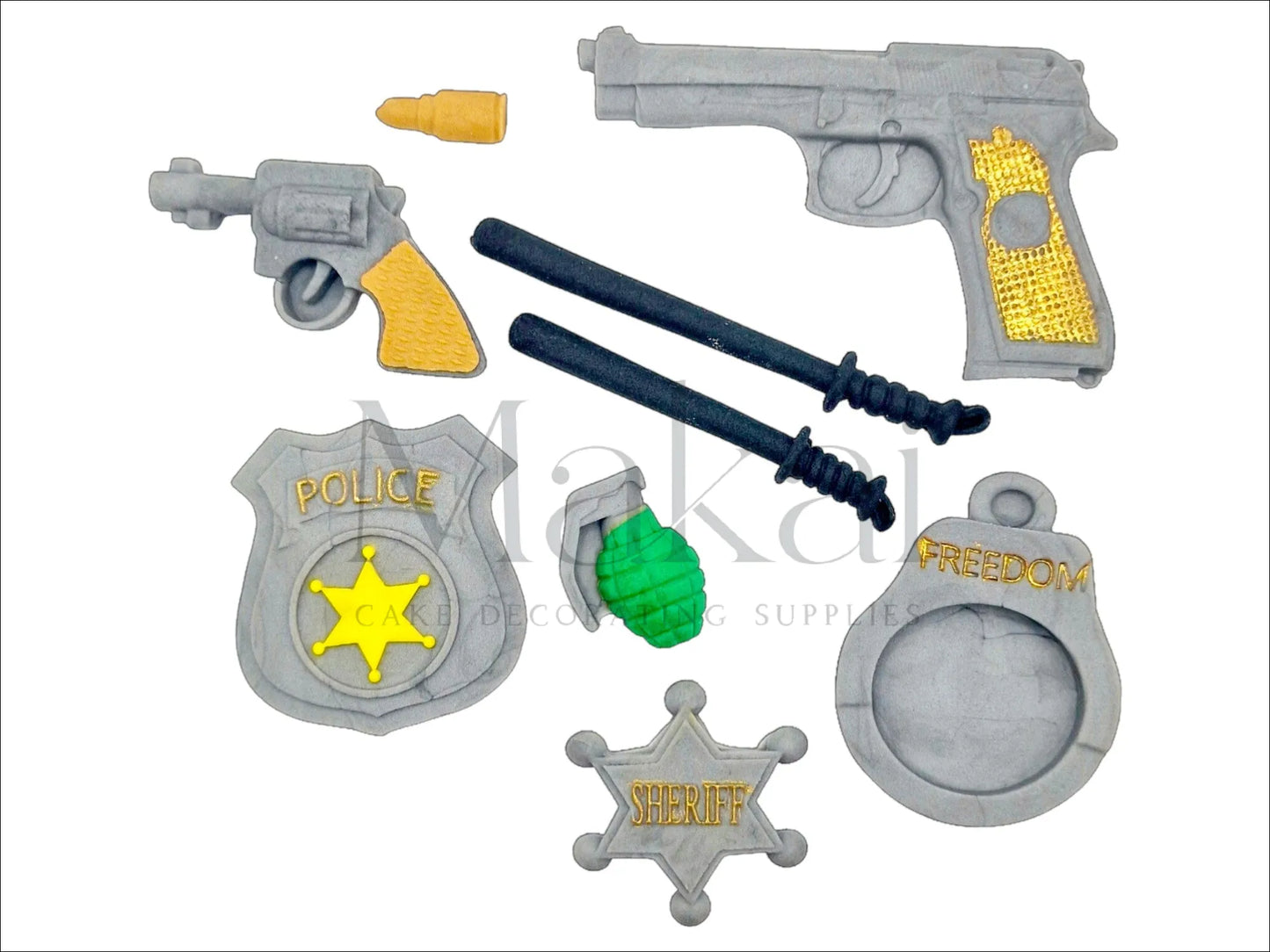 Edible police and sheriff cake toppers – guns, batons, badges, handcuffs, grenade