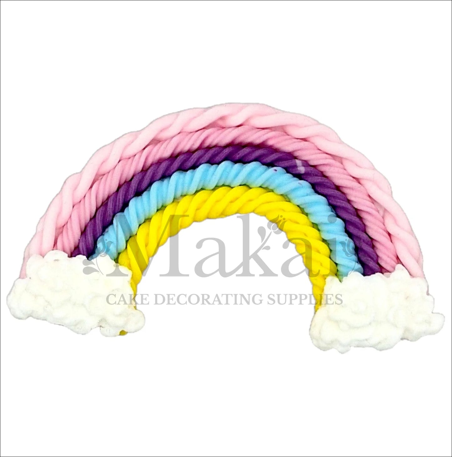 Edible pastel rainbow with clouds cake topper in yellow, blue, purple, and pink colours.