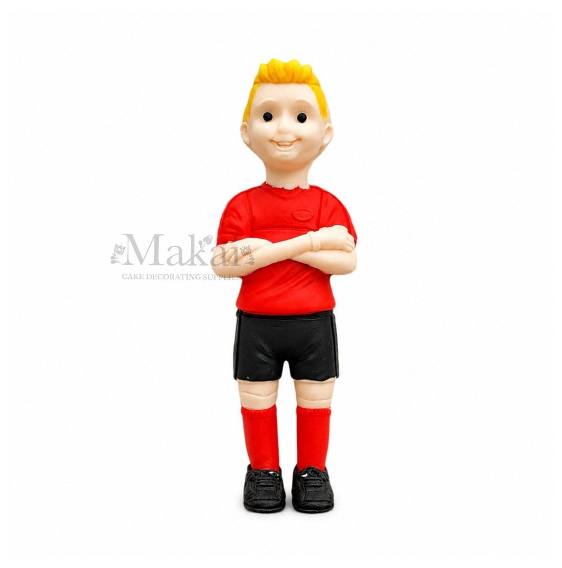 Personalized football player figurine with custom colours for hair, shirt, shorts, shoes, and socks.