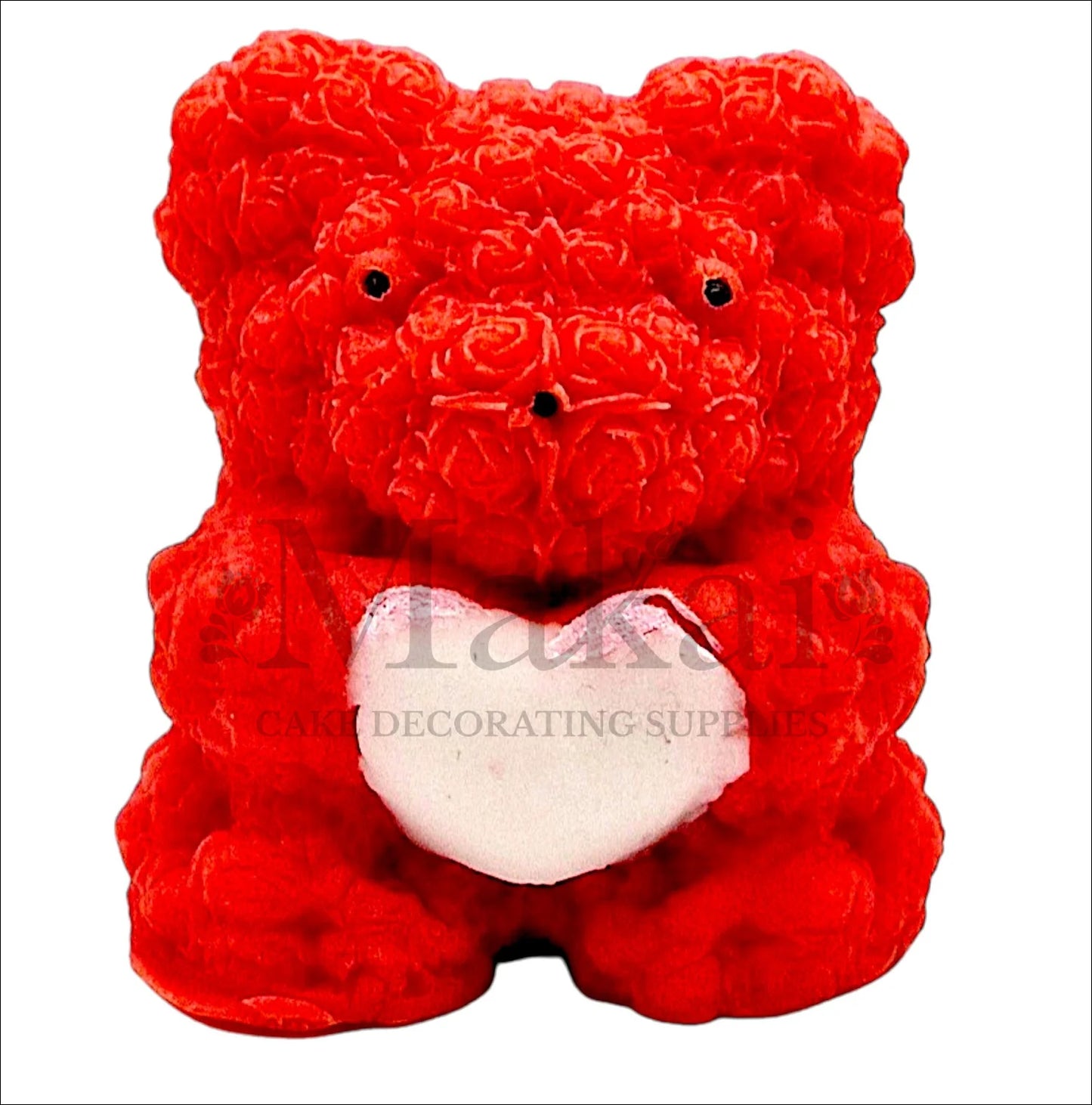 Red rose bear edible cake topper holding a white heart, ideal for romantic and Valentine cakes.