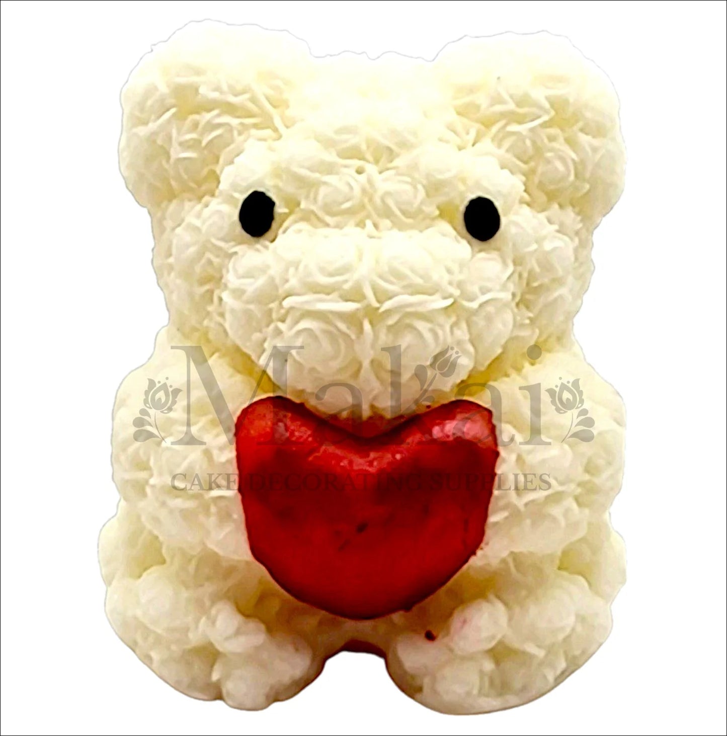 White rose bear edible cake topper holding a red heart, perfect for romantic and wedding cakes.