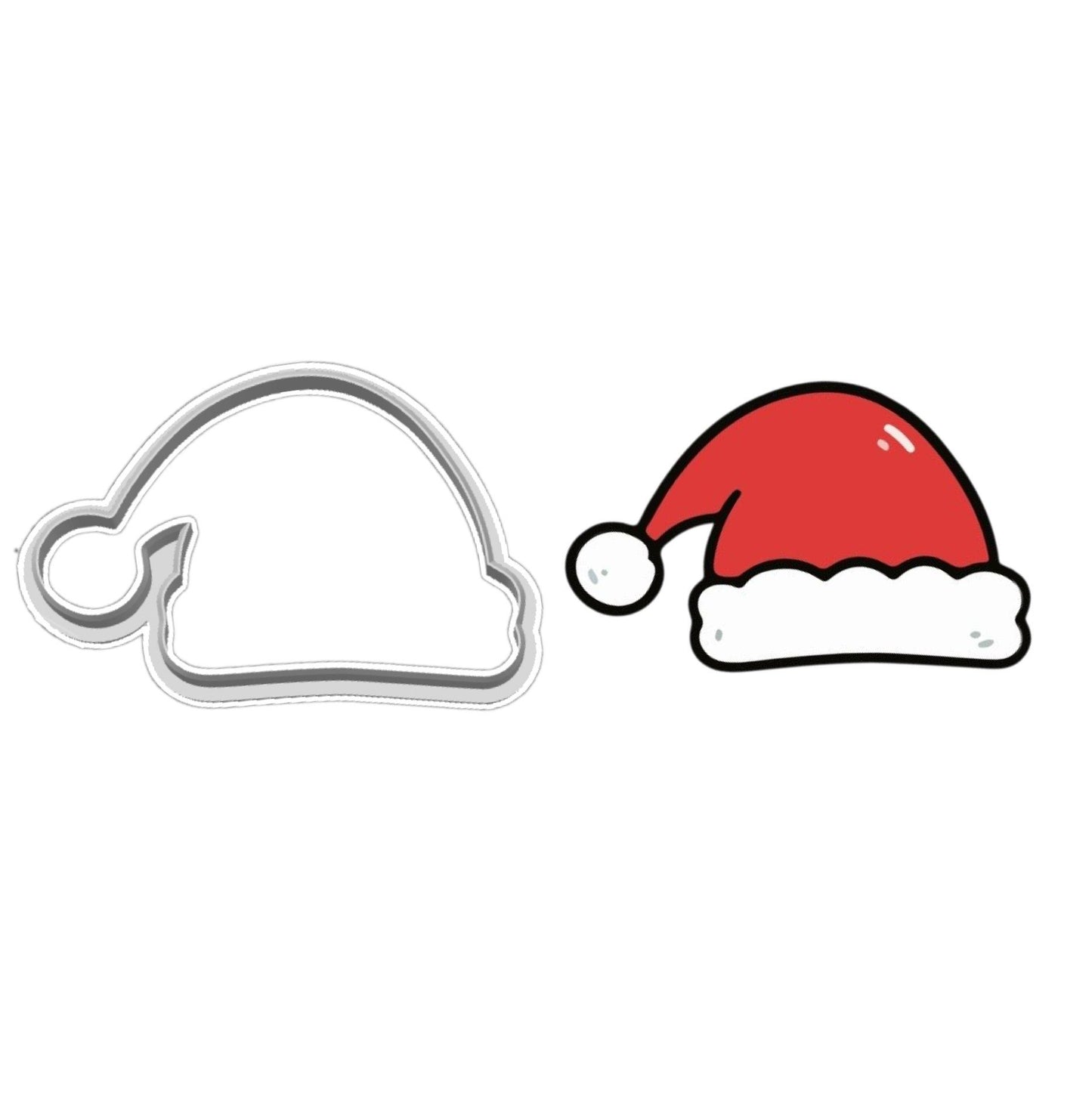 Santa hat cookie cutter with matching decorated Christmas hat cookie illustration