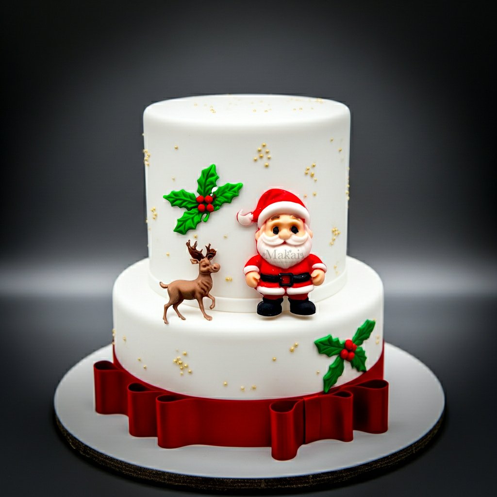 Two-tiered Christmas cake with Santa Claus and reindeer decorations on a dark background by Makai Cake Decorating Supplies