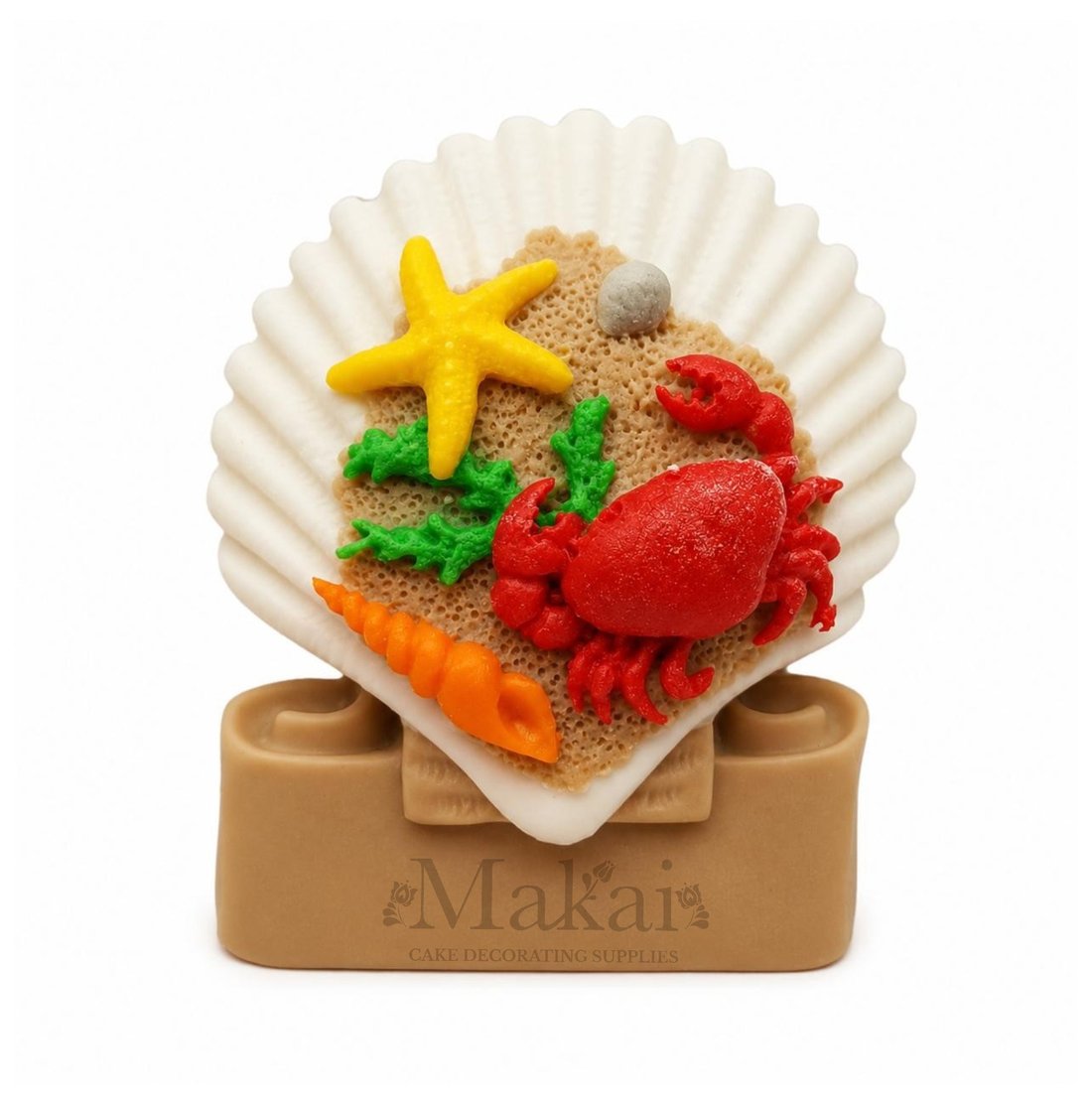 Ocean-themed cake topper featuring a white shell filled with a red crab, yellow starfish and colourful coral.