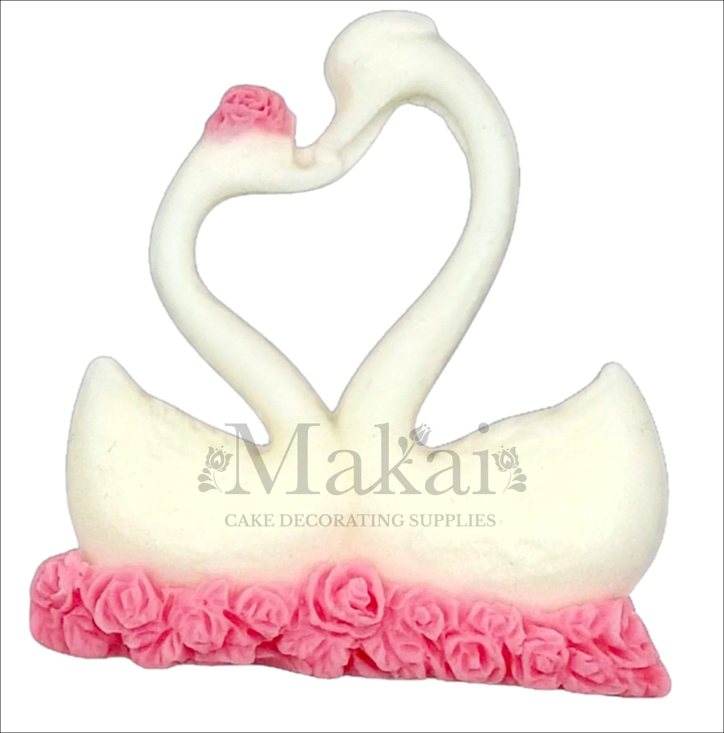 Pair of white swans forming heart shape on pink rose base cake topper.