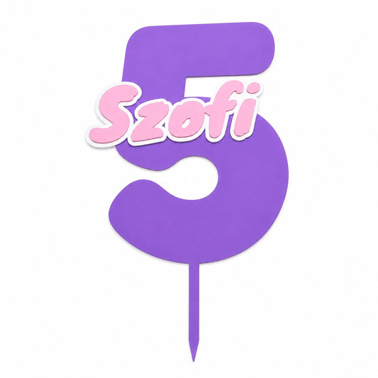Pink and purple personalised Szofi 5 cake topper on white background