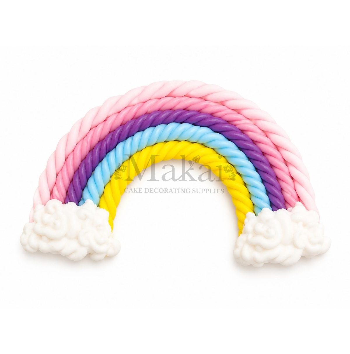 Edible pastel rainbow with clouds cake topper in yellow, blue, purple, and pink colours.