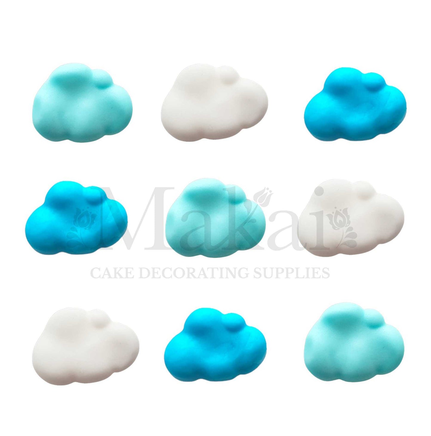 Blue and white fondant cloud decorations arranged in a mixed nine-piece set.
