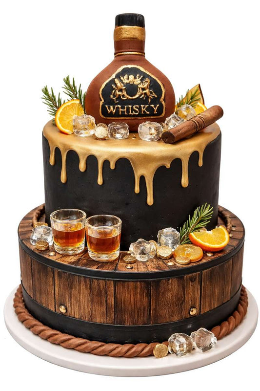 Elegant whisky-themed cake decorated with a brown fondant whisky bottle topper and gold details, perfect for gentleman birthday celebrations.