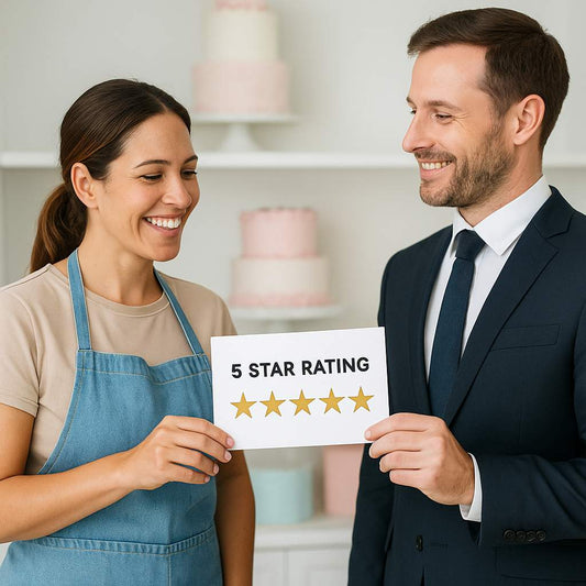 Home baker receiving a 5-star hygiene rating from a council inspector, both smiling and holding the inspection form inside a professional kitchen.
