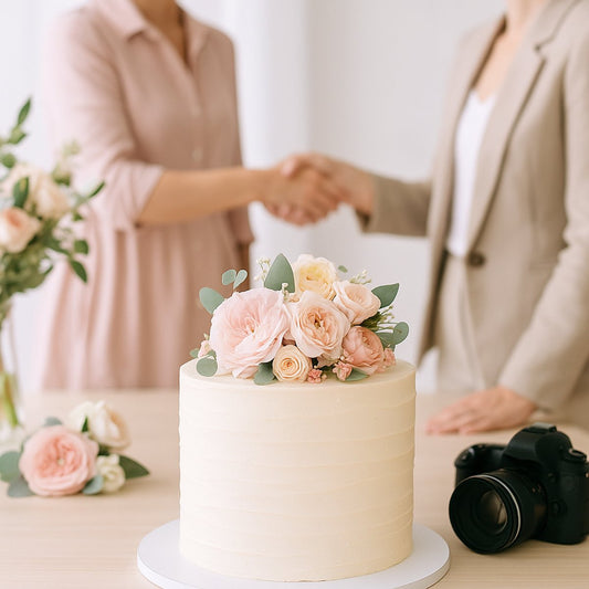 A close-up of two business owners shaking hands over a table with flowers, a cake, and a camera – symbolising a creative cake collaboration.