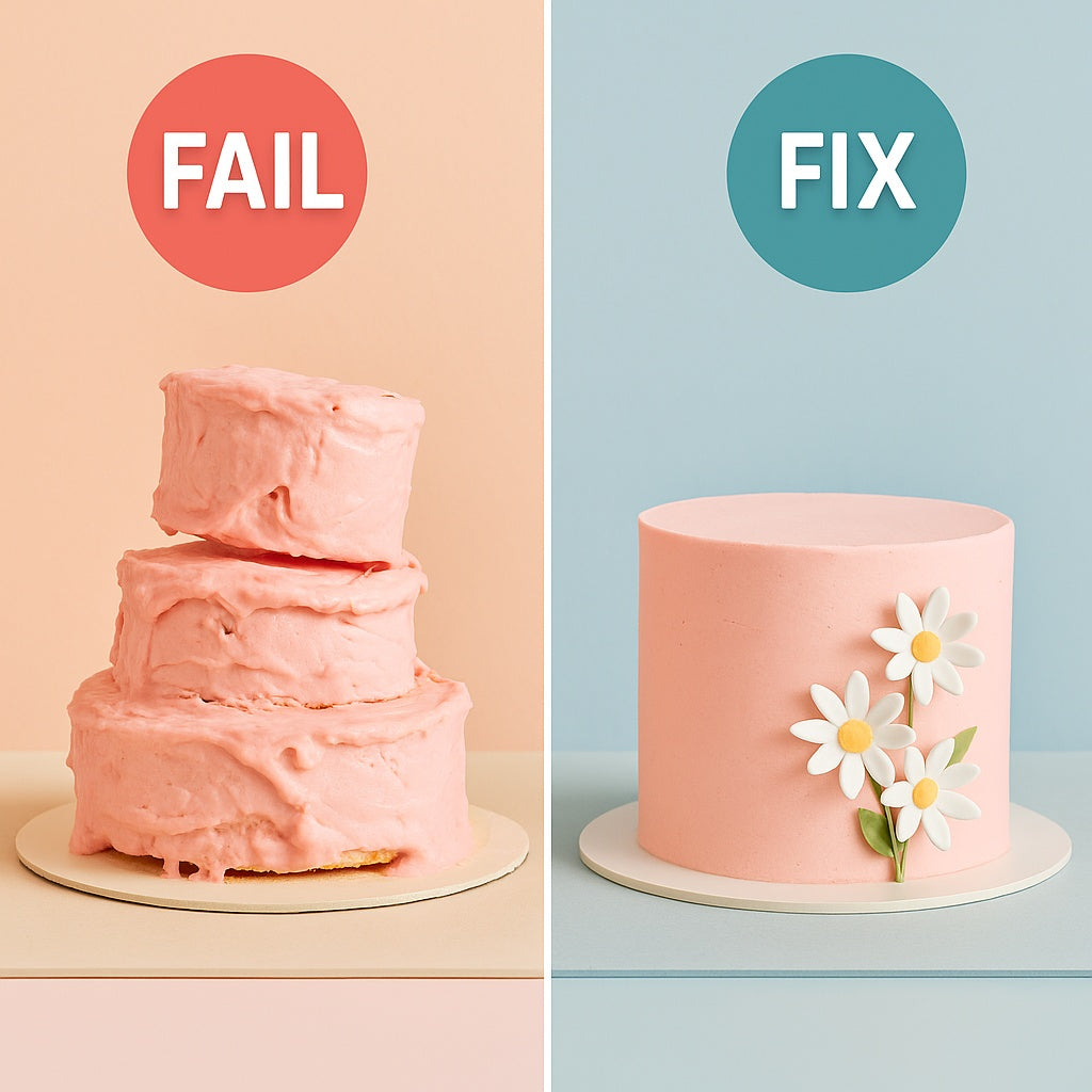 Side-by-side image of two pink cakes. The left cake is leaning and messy with uneven frosting and poor structure, while the right cake is clean, smooth, and decorated minimally with small sugar flowers, illustrating a cake decorating fail versus fix.