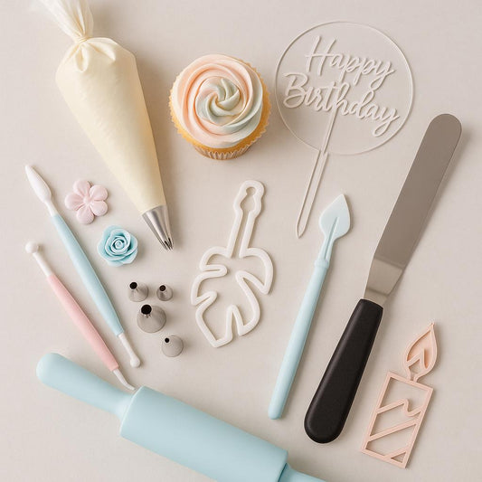 Flat lay of cake decorating tools including piping bag, nozzles, fondant tools, cupcake and cutters on neutral background