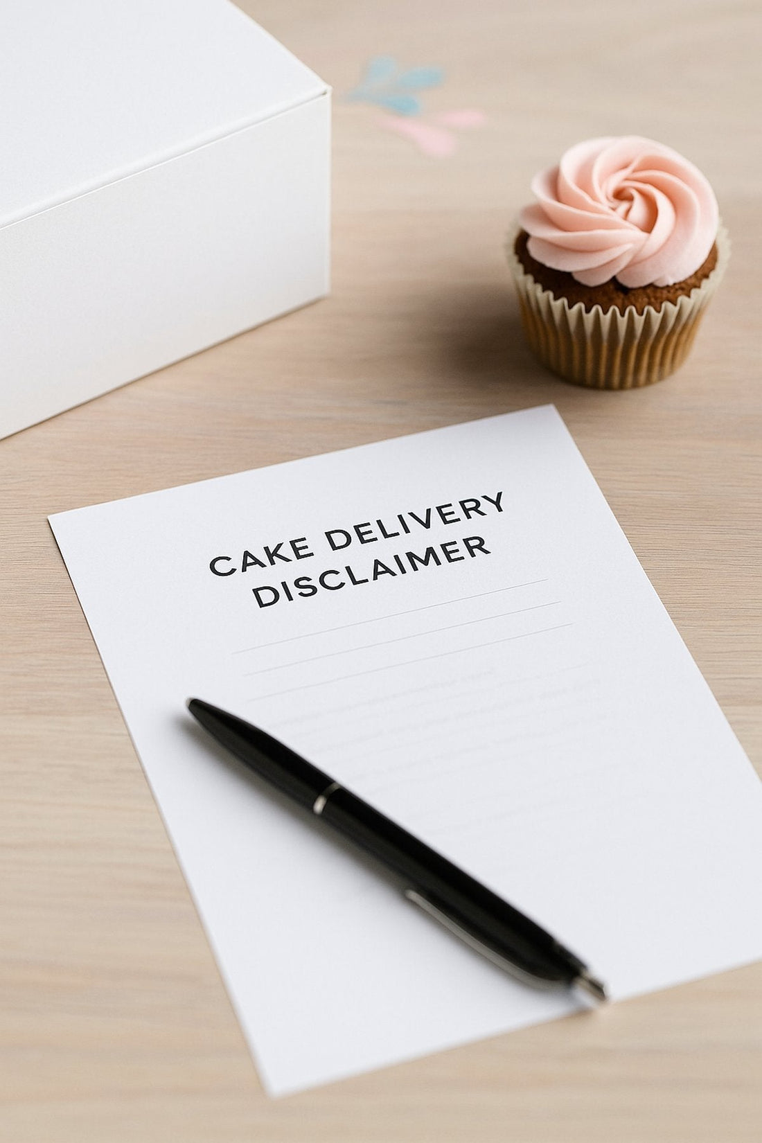 A printed Cake Delivery Disclaimer form with only the title visible, partially blurred text for confidentiality, placed beside a cupcake in a box.