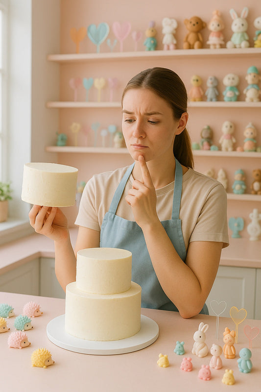A young female cake maker holding the top tier of a cake, thoughtfully deciding whether to stack it now or on-site, in a pastel-themed bakery with fondant figures and hedgehog decorations on the table.