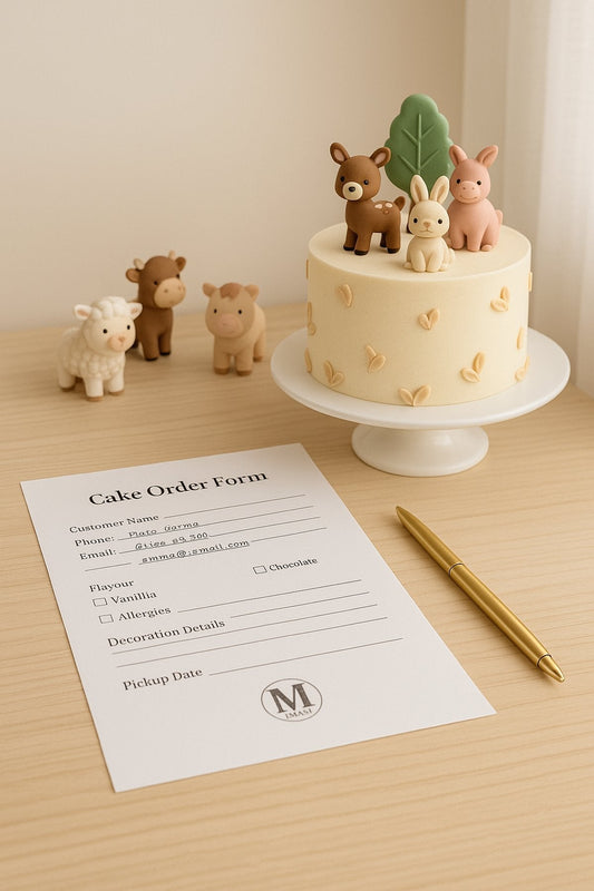 A stylish cake order form on a desk with a pen and fondant decorations nearby – perfect for home bakers and cake businesses.